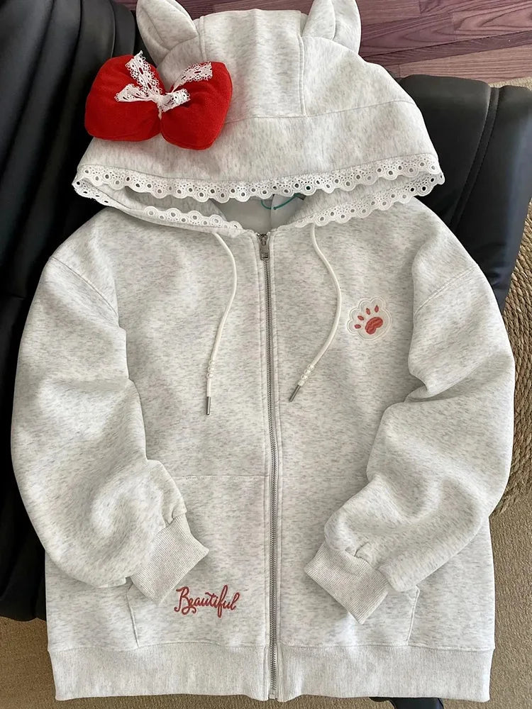 Kawaii Print Bow Hoodies Women Sweet Lace Patchwork Long Sleeve Cute Sweatshirts Japan Loose Pockets Letter Female Zipper Tops voguable