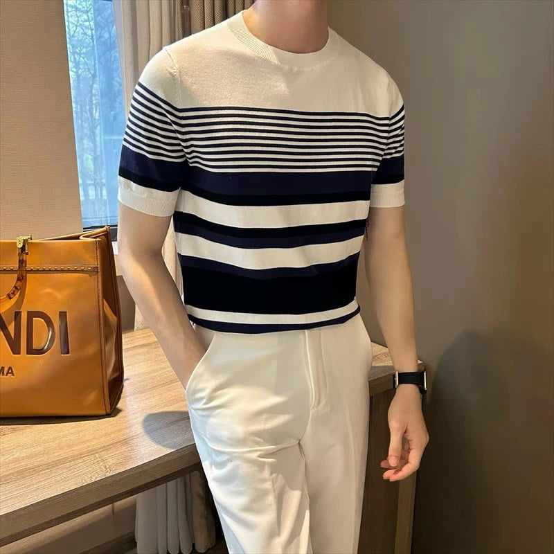 Men's Clothing Light Luxury Business Striped T-shirt Casual Slim Knitted O Neck Short Sleeve T-shirt High Quality Patchwork Tops voguable