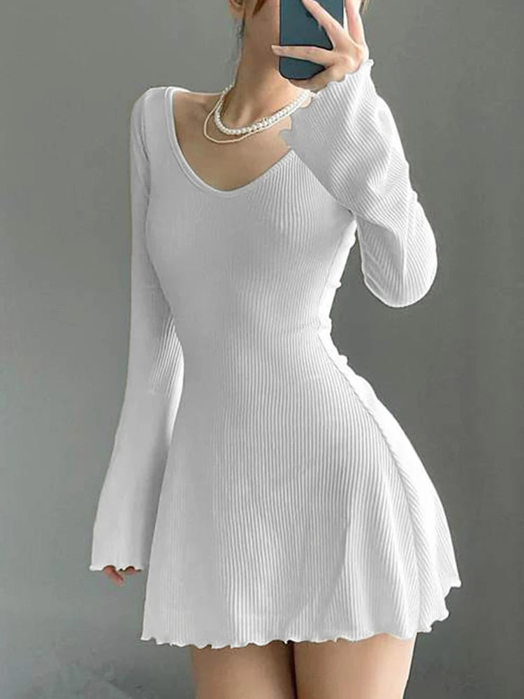 Voguable Elegant Solid Knitted Dresses Fashion Women Black Bodycon Autumn Winter Long Sleeve Mini Dress Retro voguable