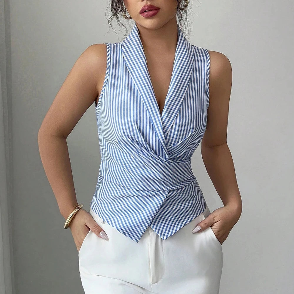 Shirts Spring Summer Fitting Slim Fashion Stripes Nipped Waists Sleeveless Lapel Office Lady Shirts For Women voguable