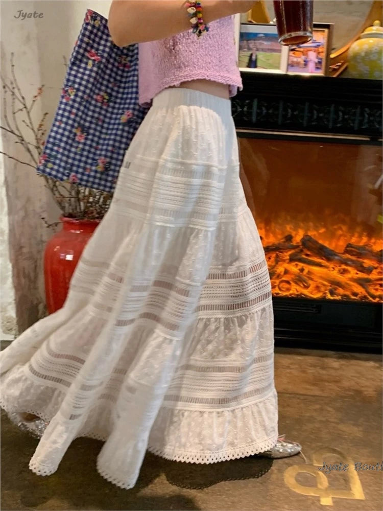 Embroidered Hollow Lace Spliced White Long Skirt 2025 Spring Summer New Elastic Waist Cotton A-line Vacation Beach Boho Skirt voguable