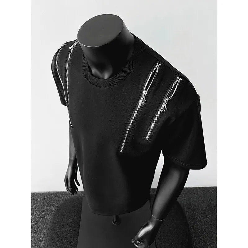 Tshirt men O Neck Zip Detail StreetweaR T-Shirt Trendy Urban Hip Hop Style Casual Tee Top Fashion Graphic Crewneck Slim Fit voguable