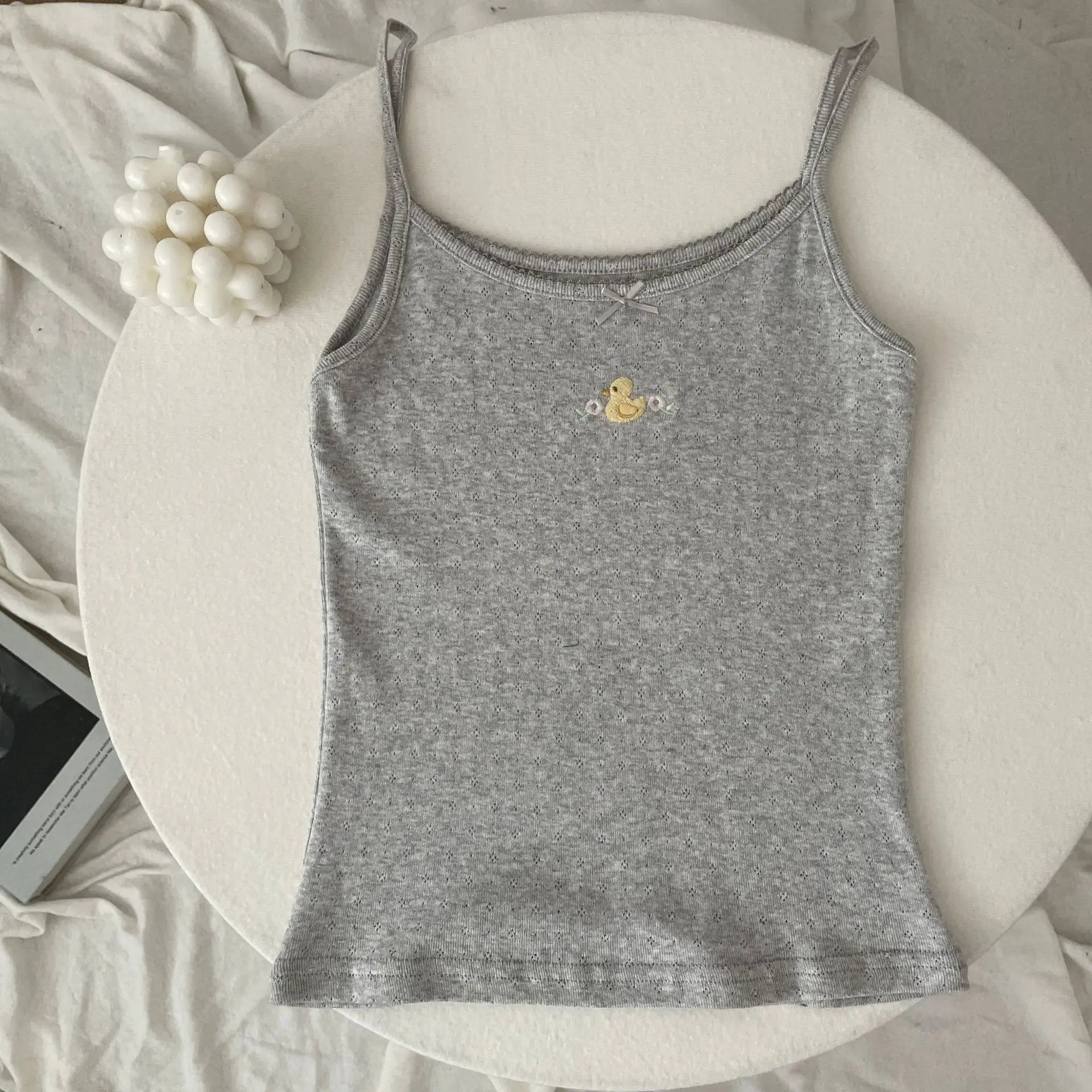 Floral Eyelet Bow Cotton Crop Tops Summer Lace Trim Sleeveless Slim Tank Top Women Preppy Style Sweet Camisole Y2k Clothes voguable
