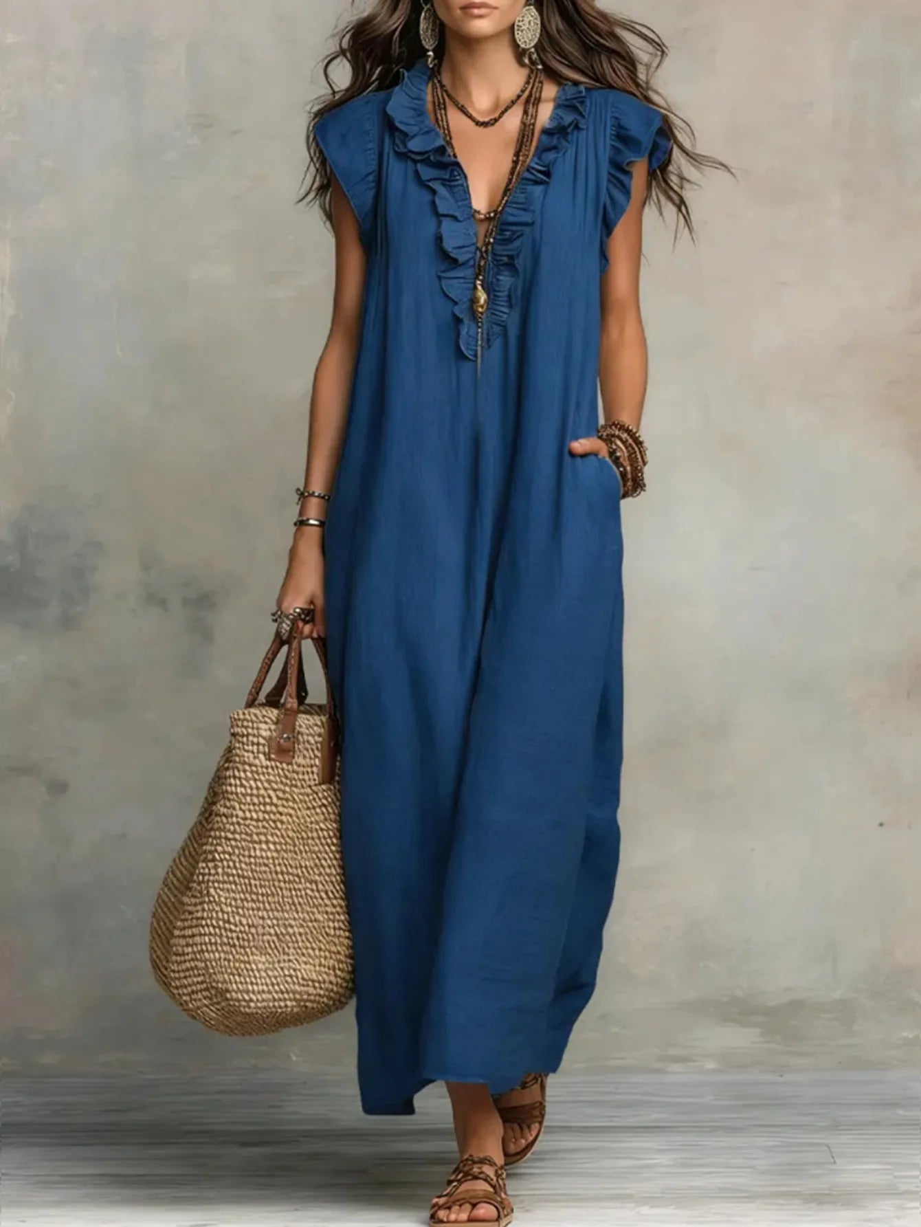 Voguable  New Ruffles V-neck Casual Solid Color Straight Tube Long Dresses Summer Casual Loose Fit Flying Sleeve Pocket Women's Dress voguable