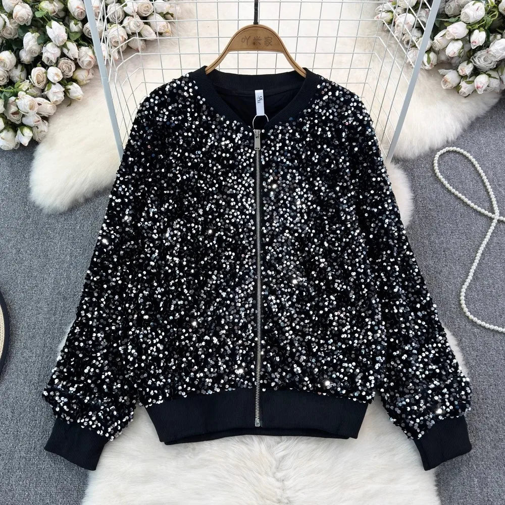 Voguable  Spring Autumn Loose Jacket Long Sleeved Casual Fashion Baseball Sequin Women Coats voguable