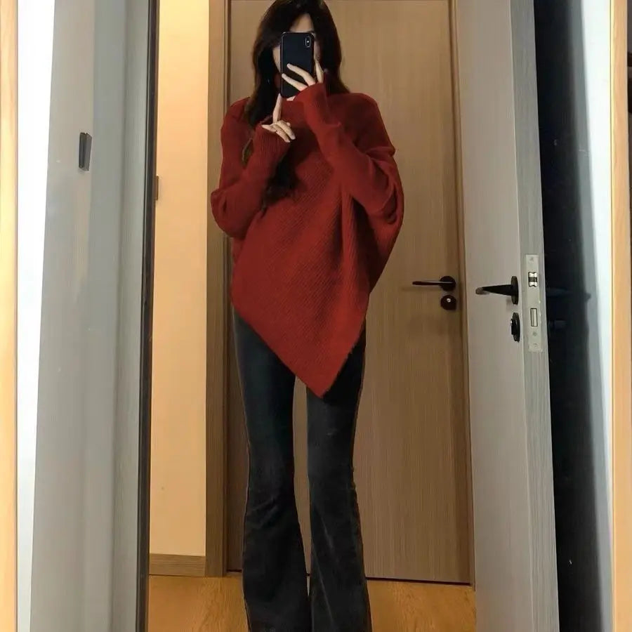 Autumn Winter New Women Sweater Korean Fashion Chic Casual Turtleneck Solid Asymmetr Loose Batwing Sleeve Pullovers Knitted Tops voguable