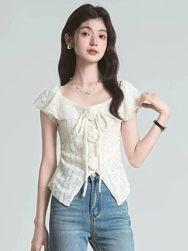 3D Floral Ruffles Sweet T Shirt Women Slim Sexy Cropped Short Sleeve Chic Tees Tops Korean Fashion Elegant Female T Shirts voguable