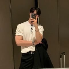 Voguable Summer Knitted T-shirt Men Elastic Slim Fit Fashion Casual Short Sleeve T Shirt Men Korean Round Neck Knit T-shirt Men Tops voguable
