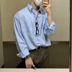 Voguable Korean Fashion Men High-end Light Blue Shirt Men Summer Solid Color Simple Casual Loose Button Pocket Long sleeve Shirts for Men voguable