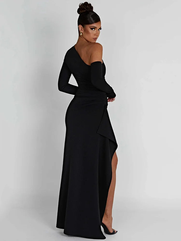 Oblique Shoulder Thigh High Split Maxi Dress Women Long Sleeve Backless Bodycon Sexy Club Party Long Dress Vestidos voguable