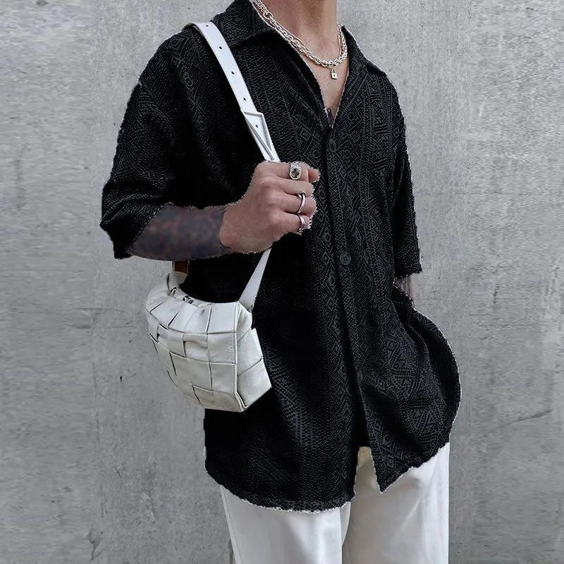Summer Men's Clothing Mesh See Through Mesh Sexy Shirt Short Sleeve Fishnet Button-down Retro Chic Streetwear Party Blouse S-5XL voguable