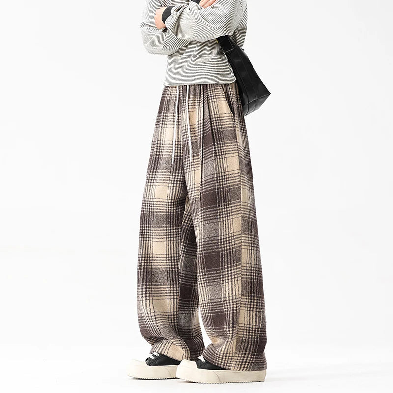 Autumn Thick Pants Men Warm Fashion Retro Plaid Pants Men Japanese Streetwear Loose Wide Leg Pants Men Vintage Trousers M-3XL voguable
