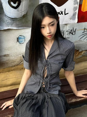 HOUZHOU Vintage Sexy Coquette Blouses Women Korean Style Punk Streetwear Striped Print Bandage Hollow Out Slim Shirts 2024 Y2k voguable