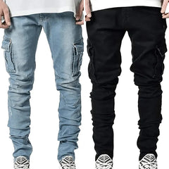 Jeans Men Pants Wash Solid Color Multi Pockets Denim Mid Waist Cargo Jeans Plus Size Fahsion Casual Trousers Male Daily Wear voguable