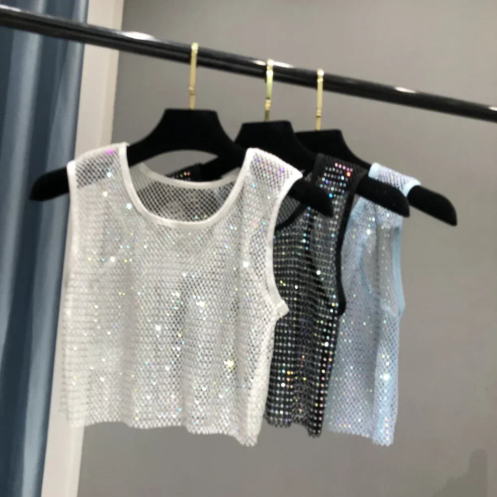 Voguable  Hot Girl Y2k Small Vest Summer New H Vest with Short Vest and Shiny Women's Round Neck Top voguable