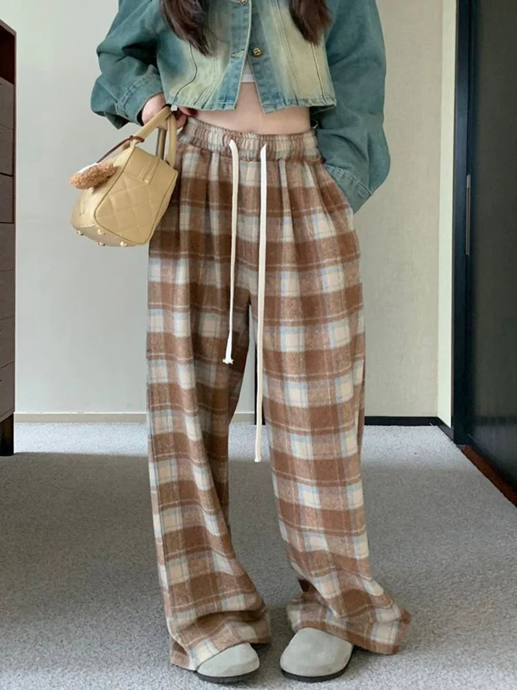 Vintage Faux Woolen Plaid Pant Women High Waist Soft Loose Wide Leg Trousers Casual Female Fall Winter Pockets Retro Y2K Pants voguable