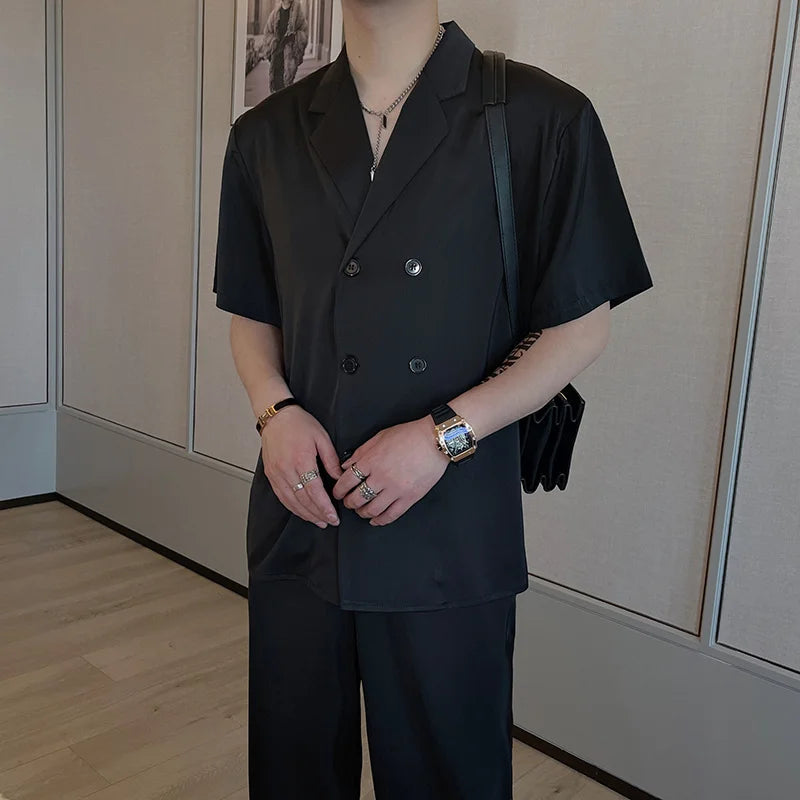 Voguable Summer Sets Men Fashion Double Breasted Short Sleeve Shirt/Trousers Two Piece Set Men Korean Loose Ice Silk Sets Mens Formal Set voguable