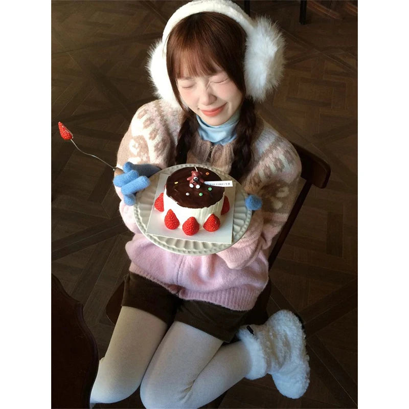 Vintage Print Knitted Cardigan Women Japanese Long Sleeve Sweater Outerwear Winter Aesthetic Pink Knitwear Korean Jumpers voguable