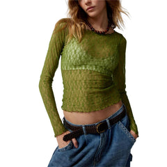 Lace Tops for Women y2k Clothes Sheer See Through Round Neck Long Sleeve Ruched T Shirt 2000s Clothing Party Clubwear voguable