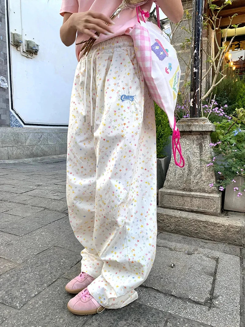 Stars Print Letter Cargo Pants Women Sweet Fashion High Waist Wide Leg Trousers Casual Loose Preppy Style Female Cute Pants voguable