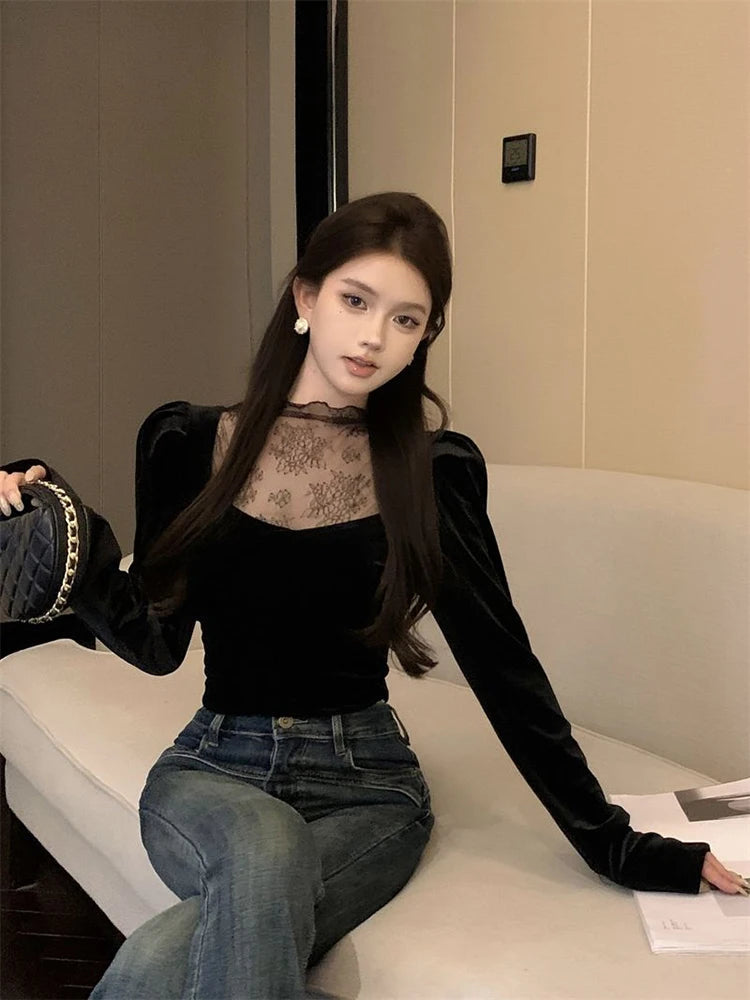 Lace Patchwork Women T Shirt Autumn Sweet Puff Sleeve Slim Crop Tops Female Half Turtleneck Splicing Casual Bottoming Tees voguable