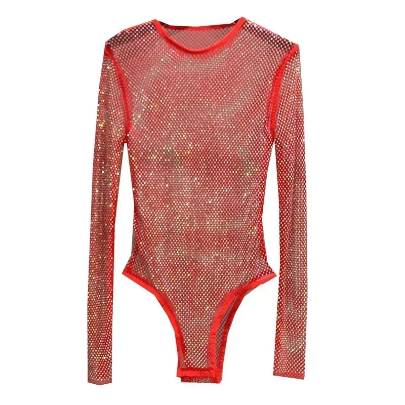 Voguable  Sexy Mesh Hollowed Out Jumpsuit T-shirt Rhinestone Round Neck Tight See-through One-piece Bottoming Shirt Ms voguable