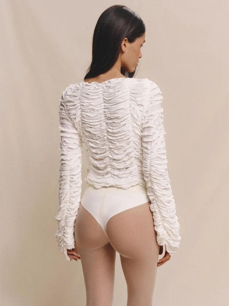 Autumn Fashion Ruffled T-shirt Cropped Top Female Hollow Out Lace-Up Patchwork Loose Outwear White Women Bandage Tee Coat voguable