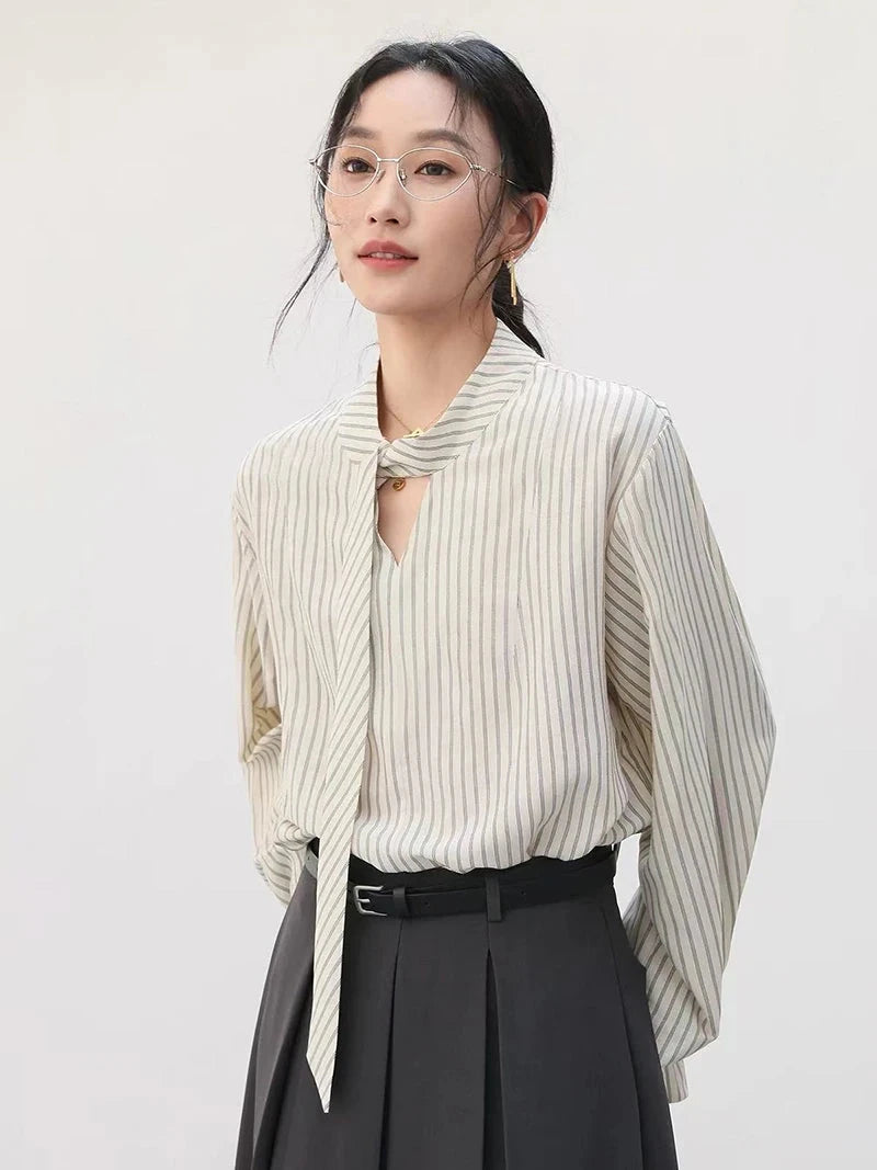 Elegant Lace Up Striped Blouse Women Fall Chic Hollow Out Long Sleeve Sweet Shirt Korean High Quality Loose Fashion New Top voguable