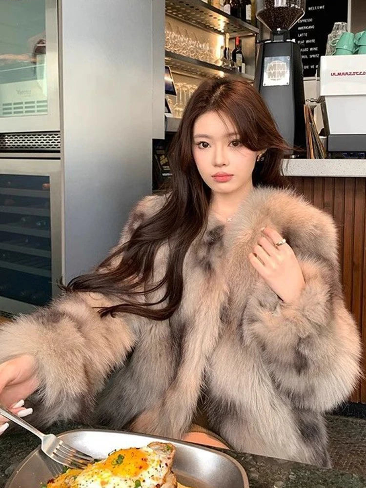 Slim Women Faux Fur Coat Long Sleeve Elegant Vintage Faux Fox Jacket Korean Retro Winter Warm Long Sleeve Female O Neck Tops New voguable