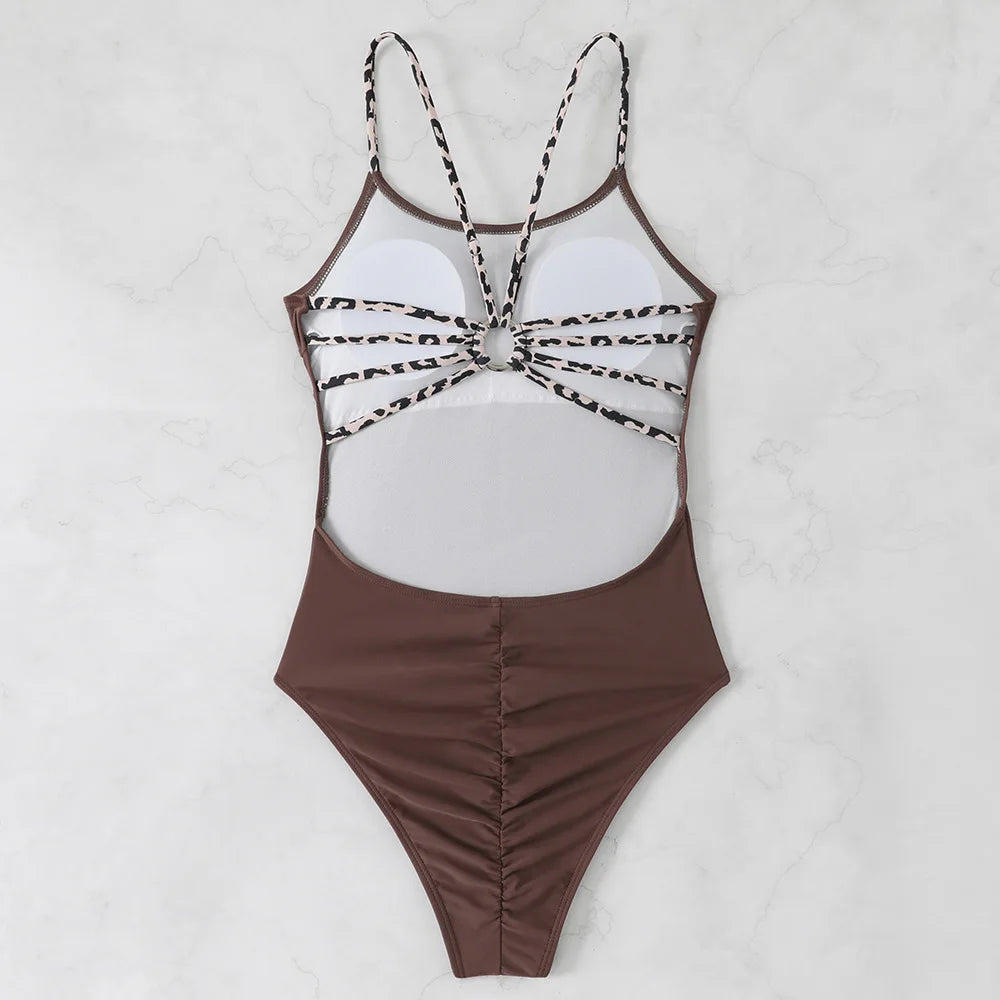 Voguable  Sexy Leopard Multi Rope Hollow Out One Piece Swimsuit Women Beach Bikini New All Season Backless Tight One Piece Swims voguable