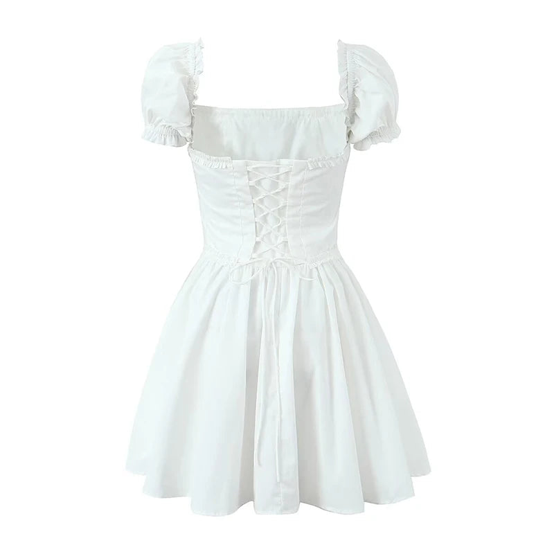 New Women Sexy Off Shoulder White Mini Dress Short Sleeve Low Waist Lace Up Back Sweet Summer Dresses Cotton Robe voguable