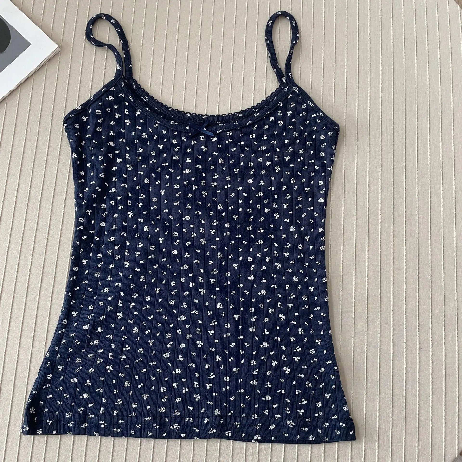 Floral Eyelet Bow Cotton Crop Tops Summer Lace Trim Sleeveless Slim Tank Top Women Preppy Style Sweet Camisole Y2k Clothes voguable