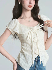 3D Floral Ruffles Sweet T Shirt Women Slim Sexy Cropped Short Sleeve Chic Tees Tops Korean Fashion Elegant Female T Shirts voguable