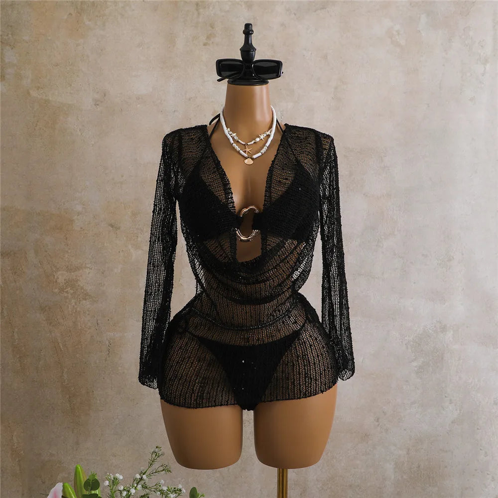 Voguable  Halter String Triangle Bikinis Sets 3 Pieces white mesh sequin long sleeve smock Swimwear Micro Thong Sexy Swimsuit Women voguable