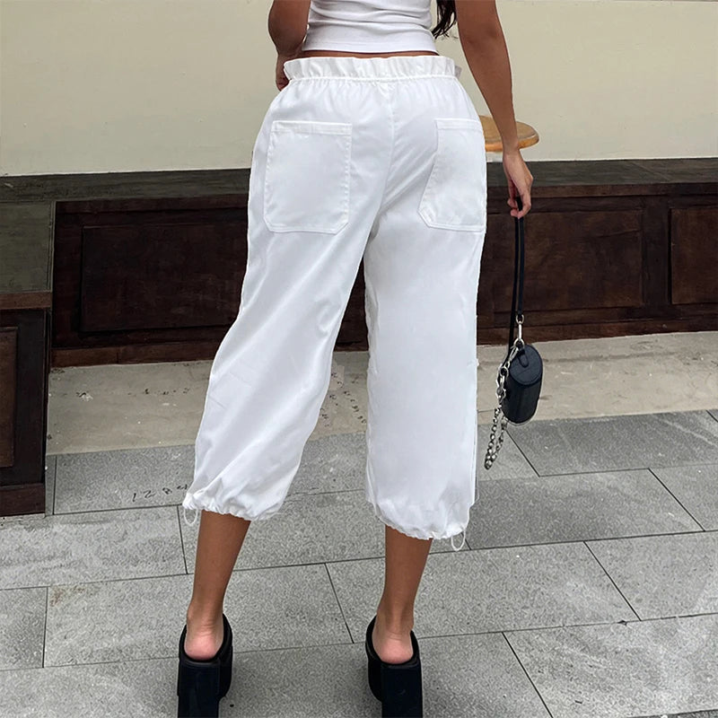 Voguable  Fashion Women Pure Color Drawstring Pleated Edge High Waist Loose Fit 3/4 Length Cargo Trousers Going Out Casual Summer Pants voguable
