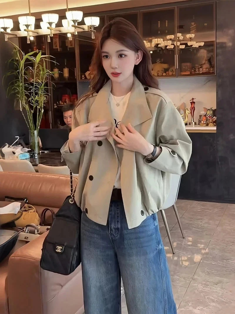 England Stand Collar Jacket Women Loose Long Sleeve Vintage Short Coat Fall Causal Double Breasted Lady Elegant Design Tops voguable