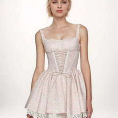 Elegant Women Floral Print Princess Sling Mini Dress Front Bandage Lace Patchwork A-line Summer Dress Holiday Party Robe voguable