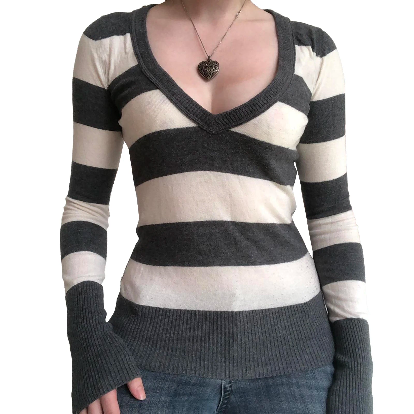 Women Long Sleeve Knit Tops Casual V-neck Striped Pullover Shirt Blouse for Club Streetwear voguable