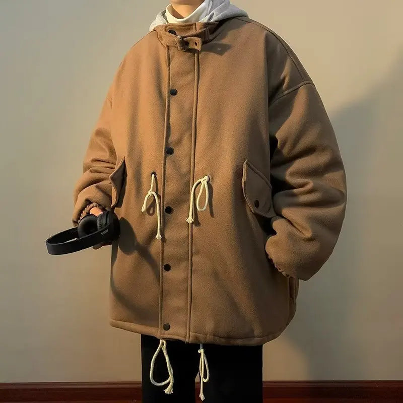 Voguable  Man Jacket Autumn Winter High Street Patchwork Men Outerwear Loose Pocket Zipper Hooded Windproof Male Fake Two-piece Coat voguable