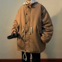 Voguable  Man Jacket Autumn Winter High Street Patchwork Men Outerwear Loose Pocket Zipper Hooded Windproof Male Fake Two-piece Coat voguable