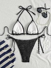 Voguable  Sexy Black Polka Dot Print Micro Bikini Women Shell Pleate Push Up Bra Tie Side Thong Swimsuit Beach Bathing Suit Swimwear voguable
