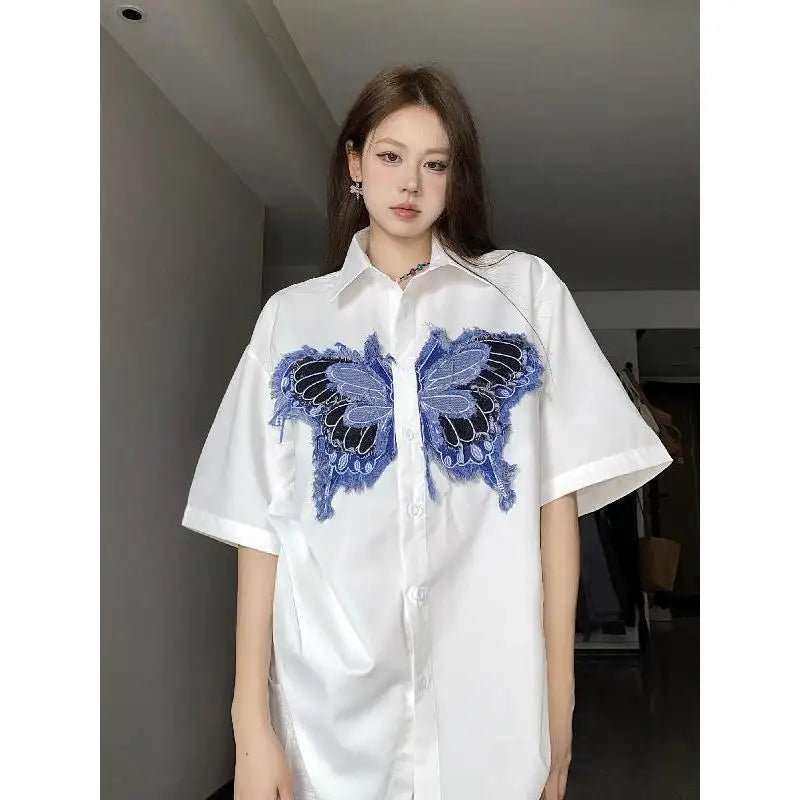 Unisex Hip Hop Shirt Large Size Three-dimensional Butterfly Design Half-sleeved Shirt Niche Casual Loose Versatile Shirt Jacket voguable