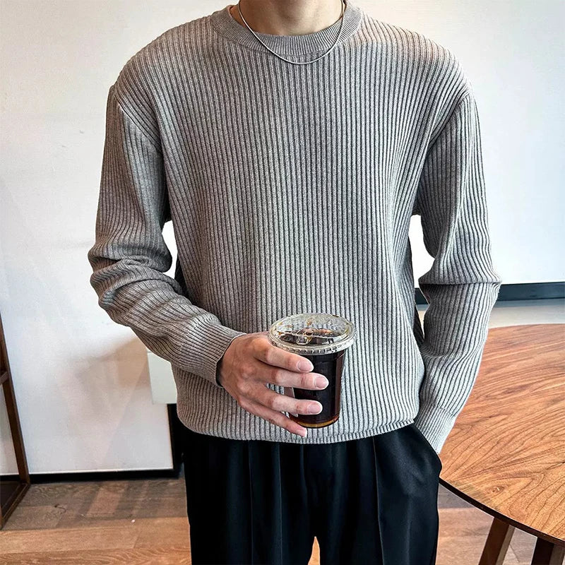 New Korean Retro Men Basic Sweater Luxury Knitted Solid Color O Neck Long Sleeve Pullover Casual Slim Premium Quality Knitwear voguable