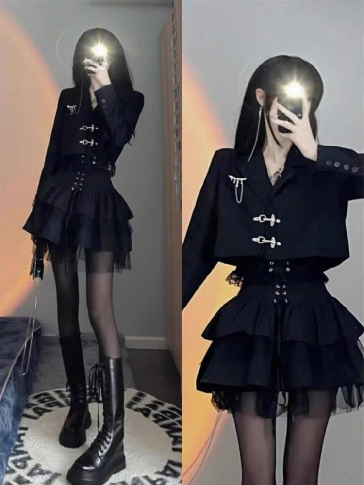 Voguable Vintage Black Jackets Suit Korean Fashion 2 Piece Sets Casual Short Blazers Coat + Slim Mini Cake Skirt Woman Autumn Design voguable
