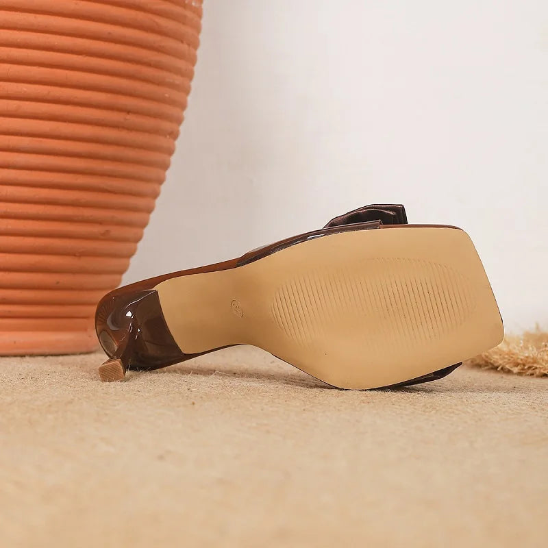 Voguable  Summer PVC Transparent Butterfly-knot Square Toe Slippers Women Fashion Thin Heels Party Slide Shoes voguable