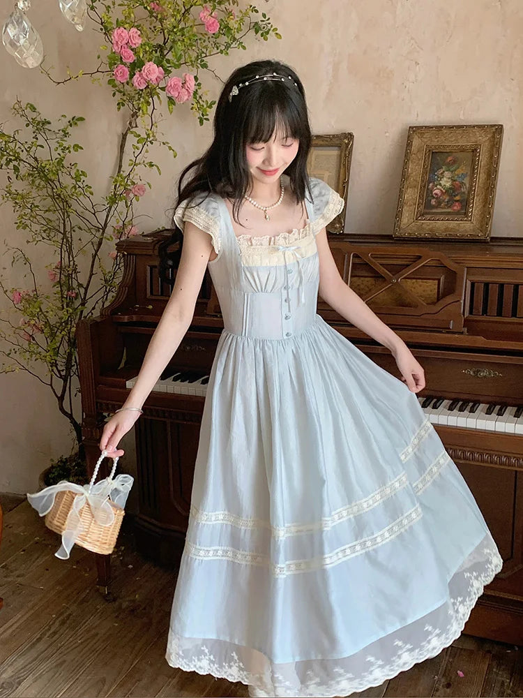 Elegant Blue Long Dress Women Sweet Lace Patchwork Vintage Dress High Quality Casual Flying Sleeve Bow Lady Retro Vestidos voguable