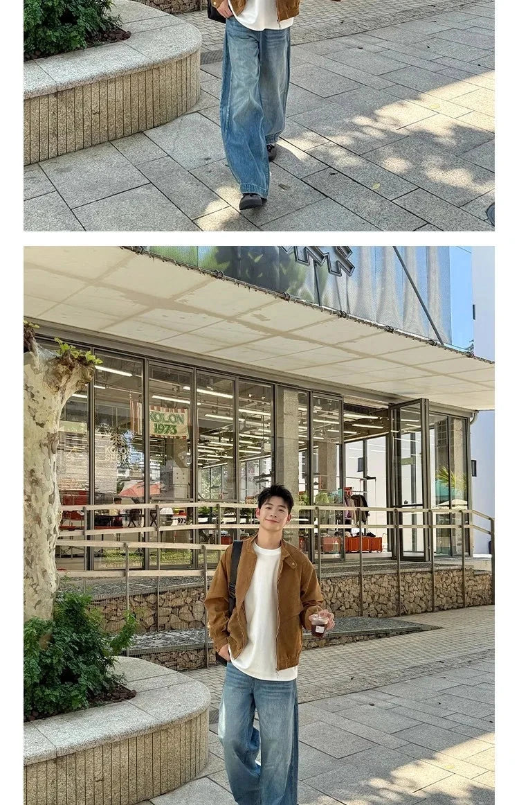 Khaki Cargos Stand Collar Jackets Men's Japanese Retro Streetwear Fashion Solid Color Zipper Long Sleeve Coats Autumn Clothing voguable