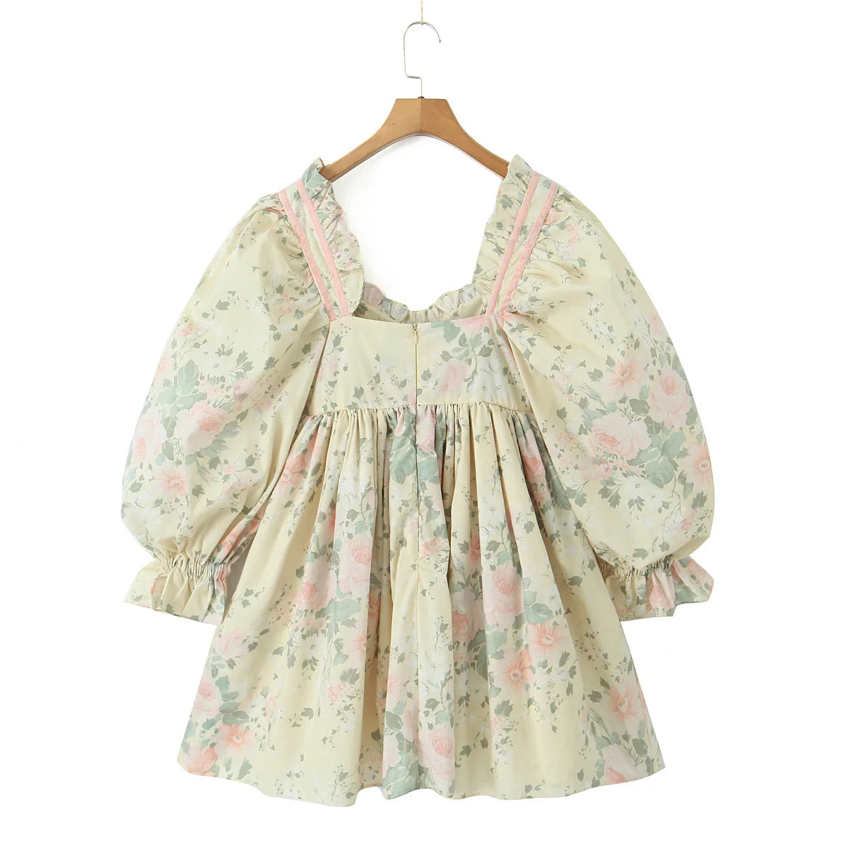 Voguable Princess Yellow Flower Print Bow Wood ears Square Collar Lantern Sleeve Dress Women Ruched Chest Ball Gown Swing Mini Robe Fairy voguable