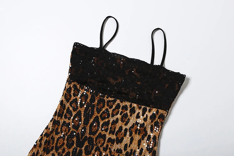 Voguable  Sexy Leopard Slip Dress Women Jacquard Lace Patchwork Sequined Backless Elegant Stretch Slim Street Clubwear Bodycon voguable