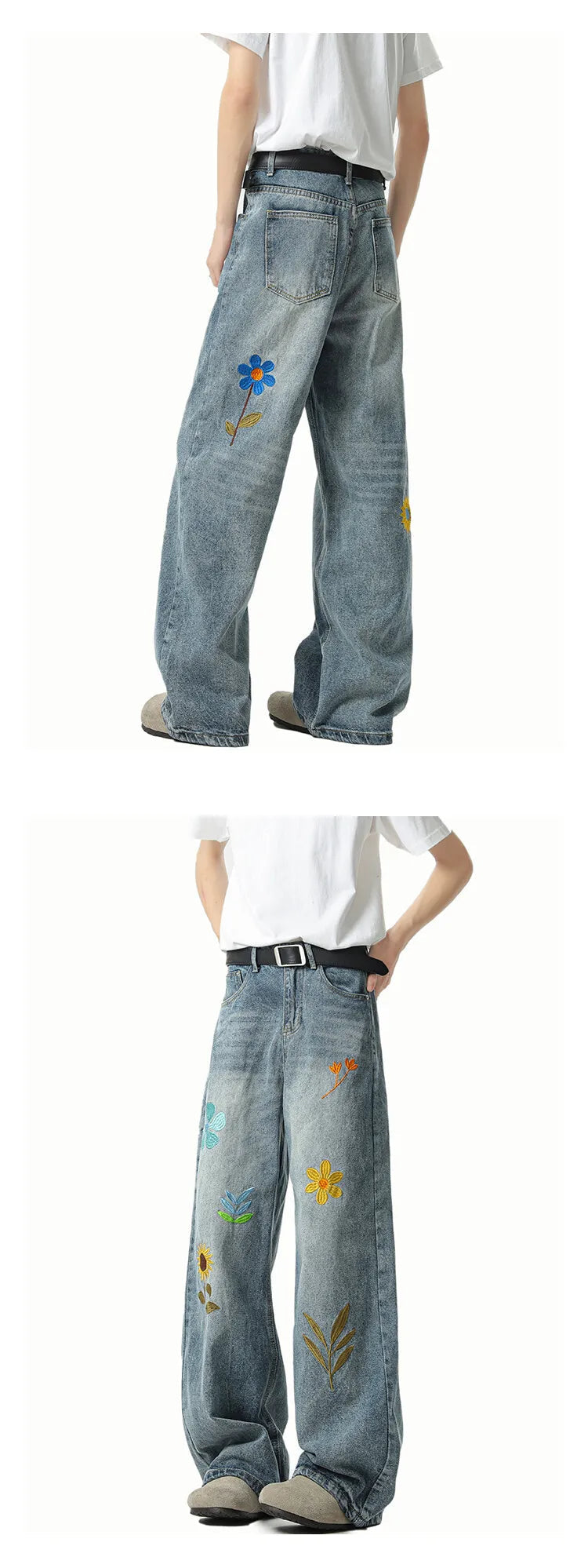 Jeans Men Washed Embroidered Jeans Loose Fit Straight Wide Leg Casual Denim Pants Fashion Trendy Streetwear Trousers Comfort voguable